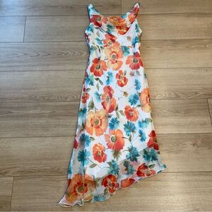 Vintage 90s Y2K MyMichelle White Floral Cowl Neck Asymmetrical Dress Size 9/10